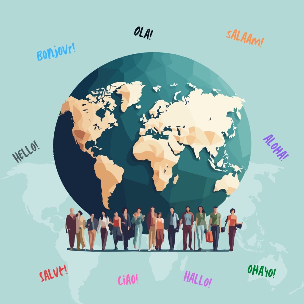 Translating Pages, Posts, & Widgets global with people around it and world saying hello in different languages