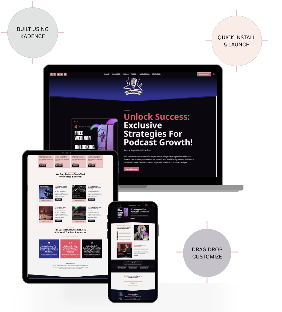 Podcast templates displayed in laptop, tablet and mobile format with circled elements describing what the theme can do.